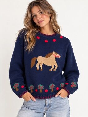 Vintage Handstrings Kids 14/16 Horse Apple Orchard Cottagecore Knit Sweater